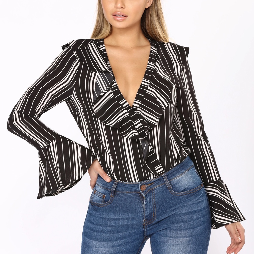 Black White Striped Ruffle Bodysuit